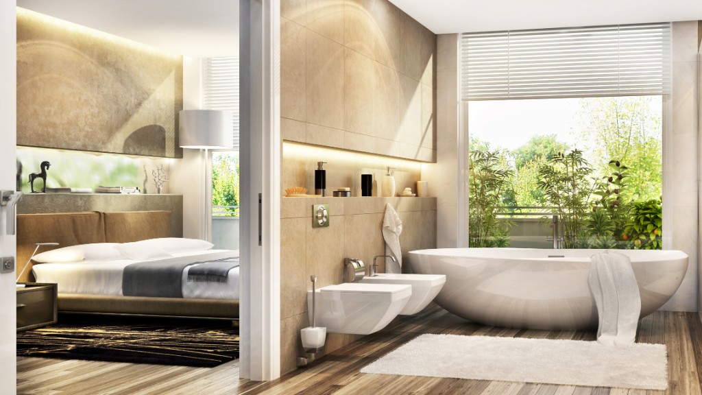 Master bedroom and en-suite bathroom view, fictional PEAK project in Reigate