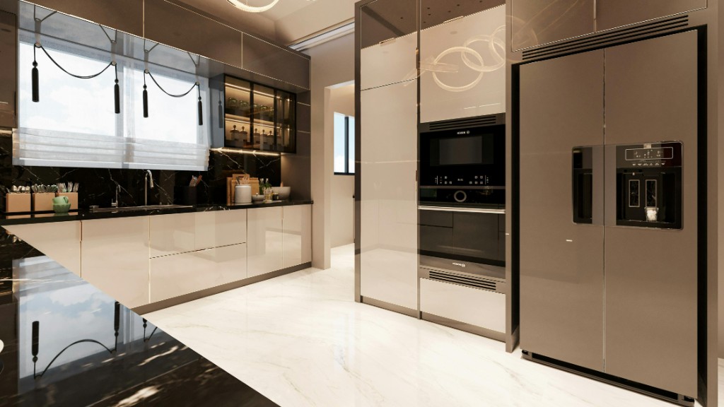 Luxury kitchen with marble surfaces and cream cabinetry, fictional PEAK project in Guildford